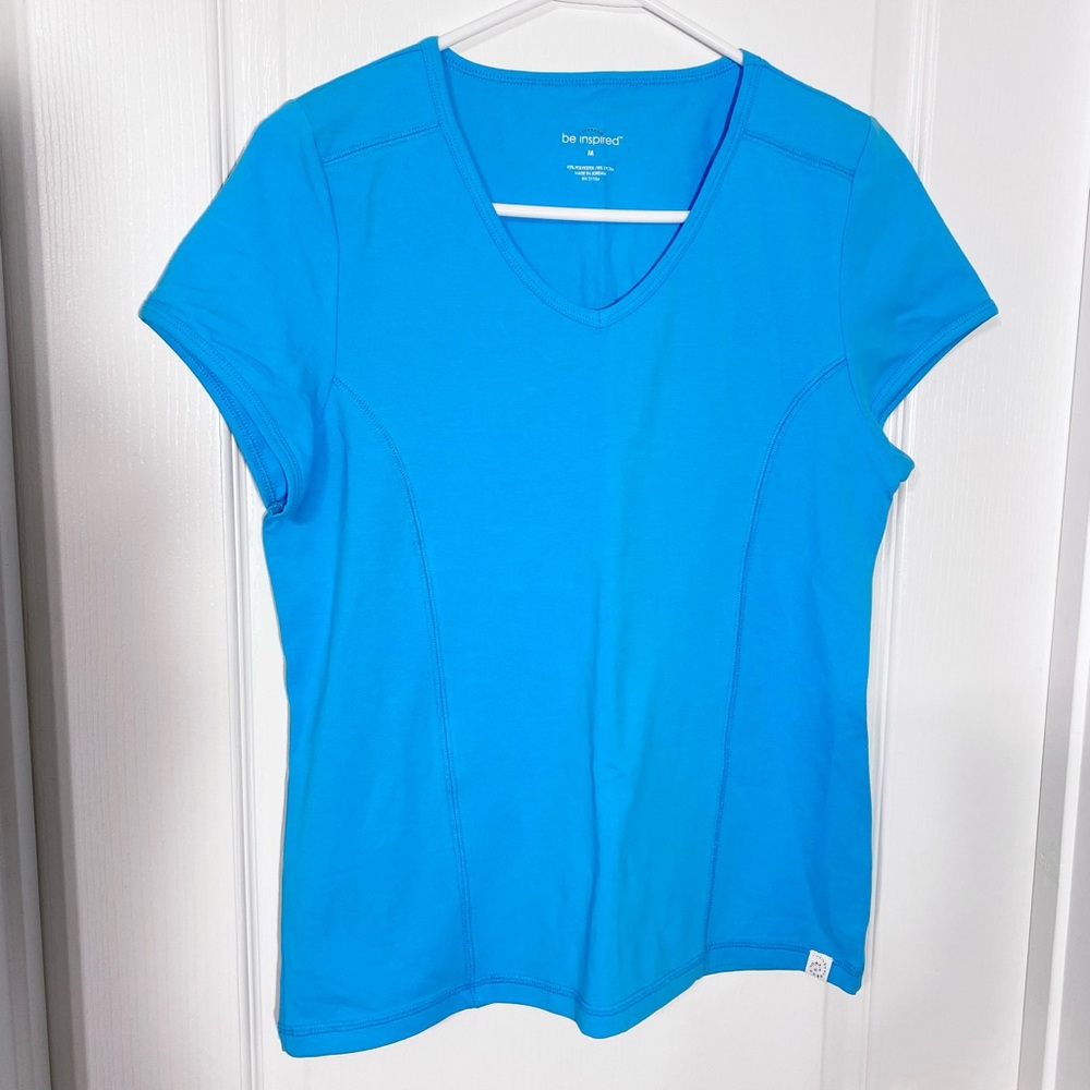 NEW Y2K Be Inspired V Neck Short Sleeve Performance Top Turquoise Medium